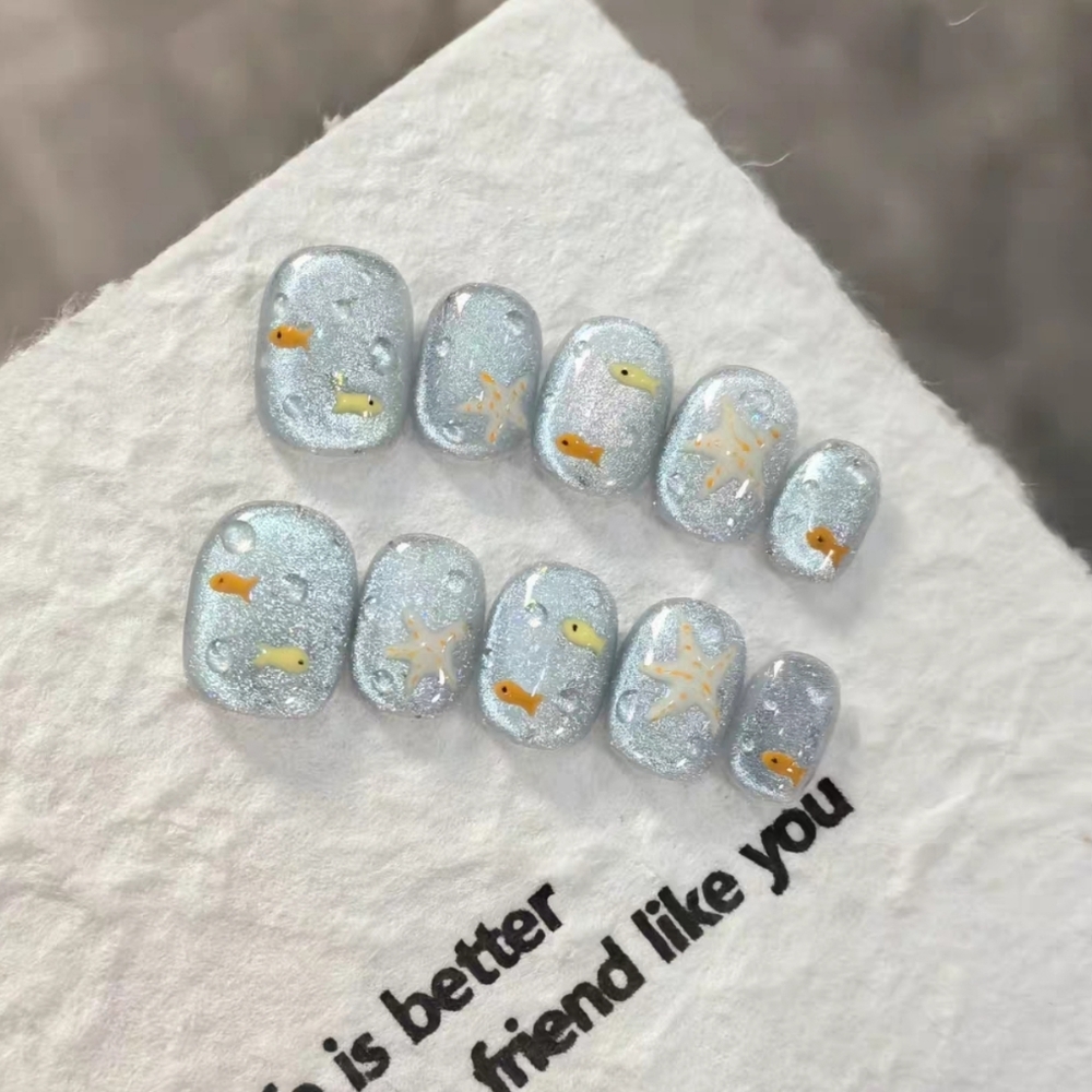 ​Sparkling Silver Starfish Press On Nails 3D Ocean Fish Summer Art Size Small